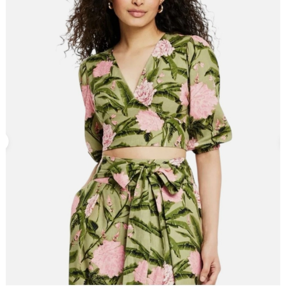 Agua Bendita x Target Wrap Crop Top S Green Pink Floral Linen Blend Peony Puff